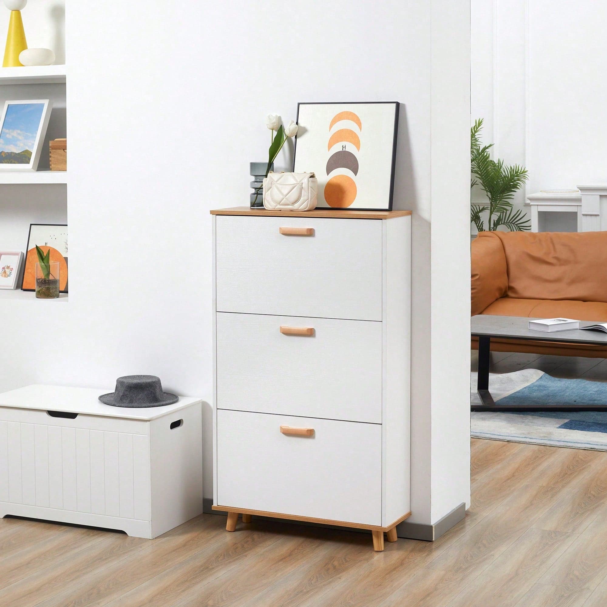 HOMCOM Meuble à chaussures étagère à chaussures style scandinave 3 abattants aspect bois - 70 x 23,5 x 122 cm - blanc