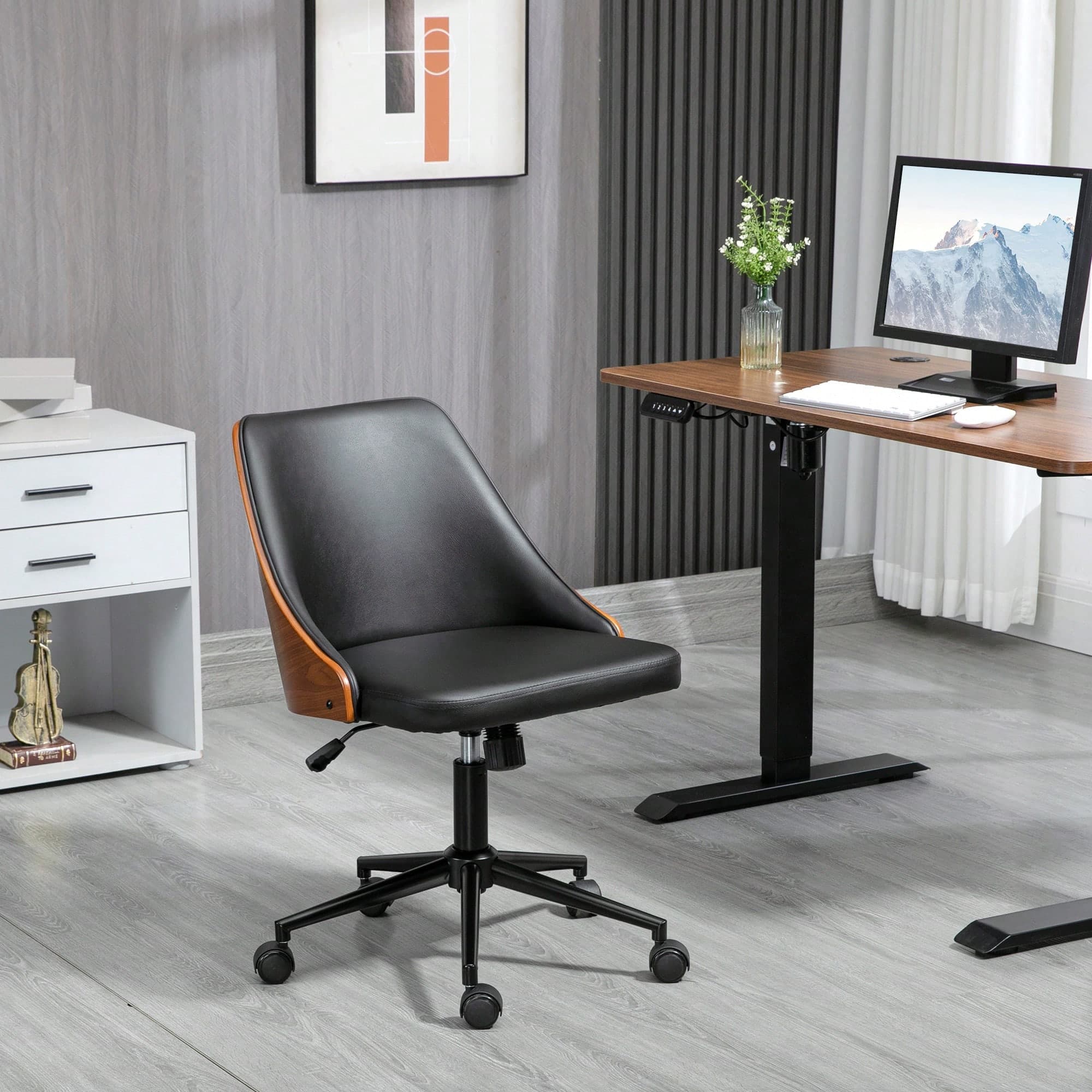 Vinsetto Chaise de bureau manager design vintage pivotante hauteur réglable bois peuplier acier revêtement synthétique noir