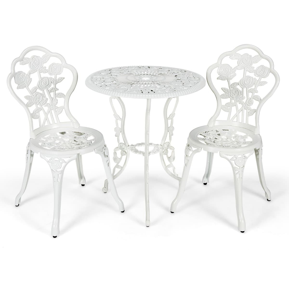 CostwayEnsemble Table et 2 Chaises en Fonte Aluminium Forme de Rose Résistant aux Intempéries Blanc