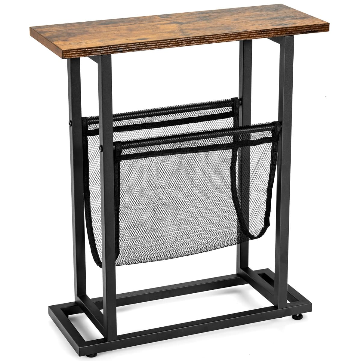 CostwayTable d'Appoint Étroite de Style Industriel avec Porte-revues en Maille et Patins Réglables pour Salon Chambre Bureau