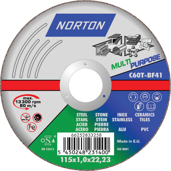 Meule de tronçonnage à grain céramique très hautes performances pour aciers et inox Multi Matériaux, Ø 125 x 1,6 mm